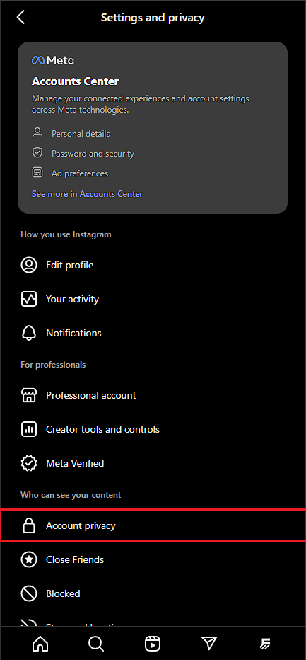Instagram Account Settings Page