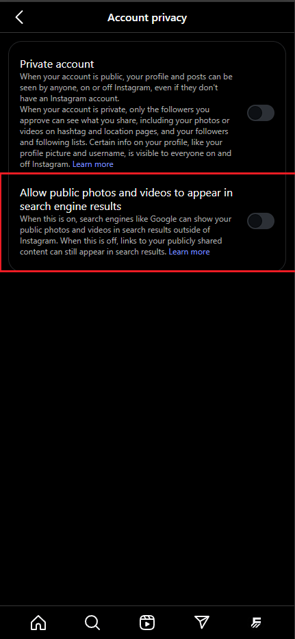 Instagram Account Privacy Page
